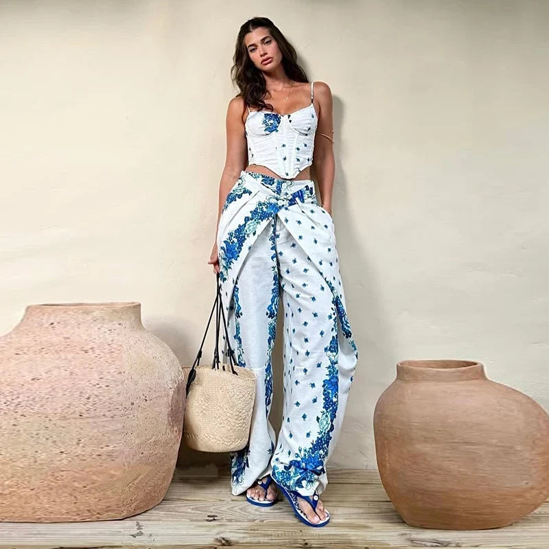 Urban Print Top Pants Women Set Sling Backless Slash Neck Blouse Wide Leg Trousers 2026 Spring Summer Holidays Lady Outfit