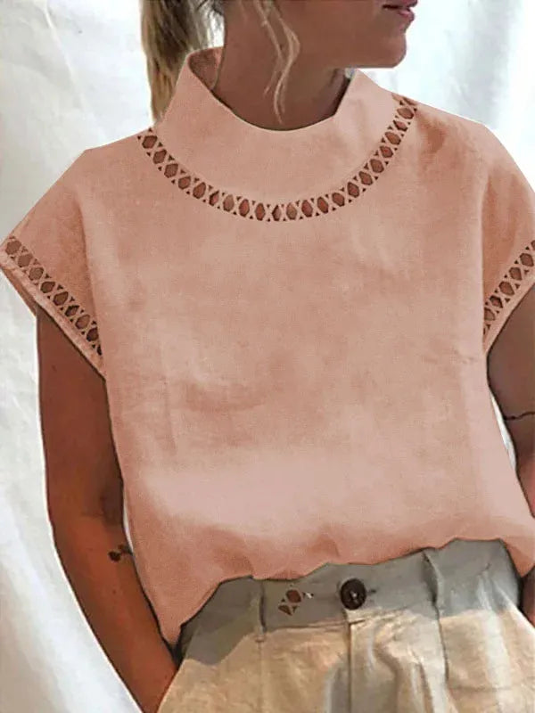 Vintage Tops Mujer Women Blouse Solid Cotton Summer Casual Chic Tunic Hallow Stand Collar Oversized White Blouses Blusas