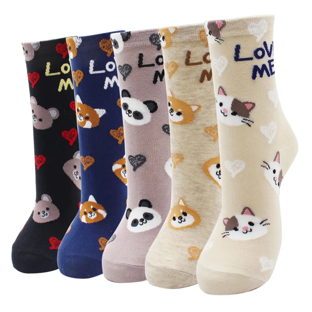 5 Pairs Fashion Colorful Kawaii Cute Cartoon Cotton Women Socks Harajuku Korean Halloween Cat Dog Owl Duck Fox Girl Socks