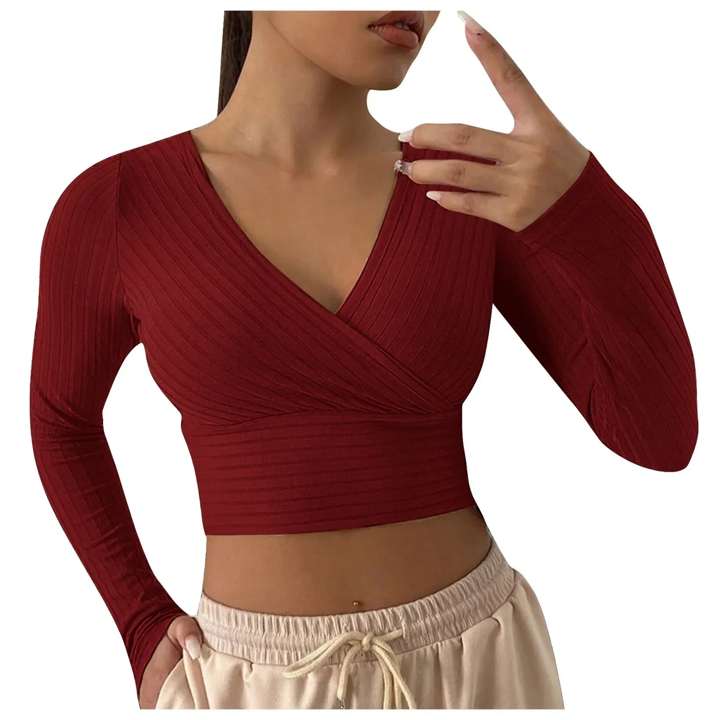 Sexy Cross Wrap V Neck Ribbed Knit T Shirt Women's Crop Tops Sexy Slim Fit Solid Spring Fall Long Sleeve Y2k Clothes Pink Tops