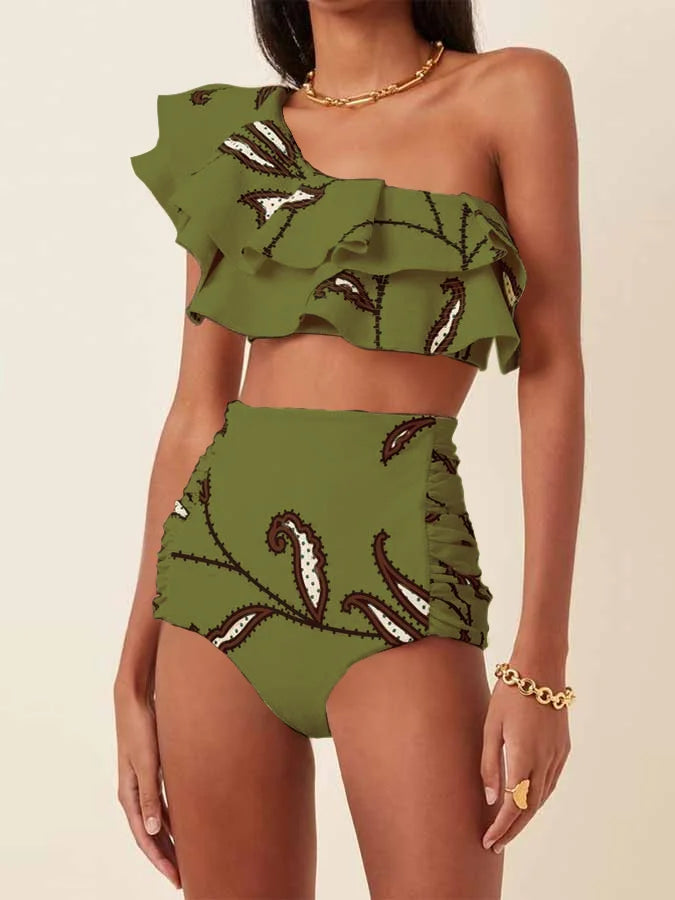 Women's Printed Ruffle Swimsuit Fashion One Shoulder Slash Breasted Bikini Two Piece High Waisted Tummy Tuck Beachwear 2024 New