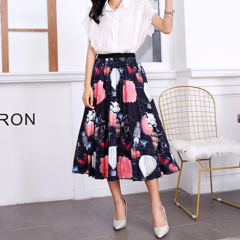2023 Summer Women Cartoon Print Pleated Skirts A Line High Waisted Elastic Midi Long Skirt Ladies Party Korean Style Dresses