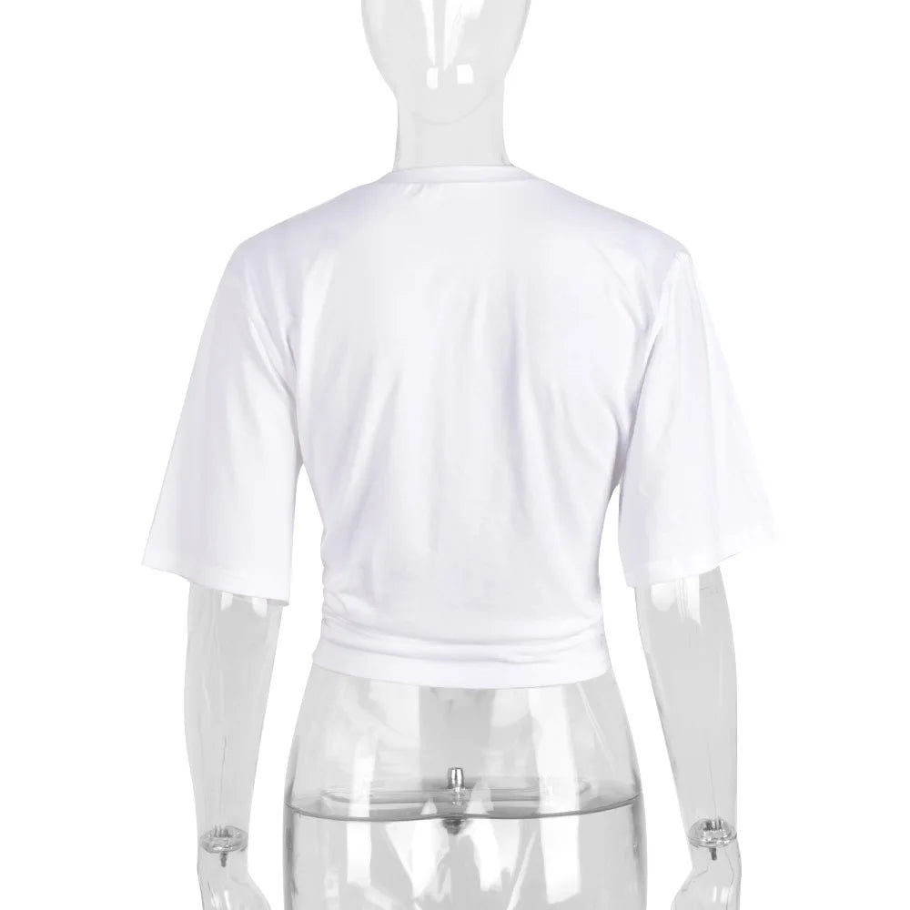 Perl White Cross Hollow Out Shirts for Women Summer Short Sleeve Female Clothes Fashion Christianity Pattern Crop Top Casual Tee