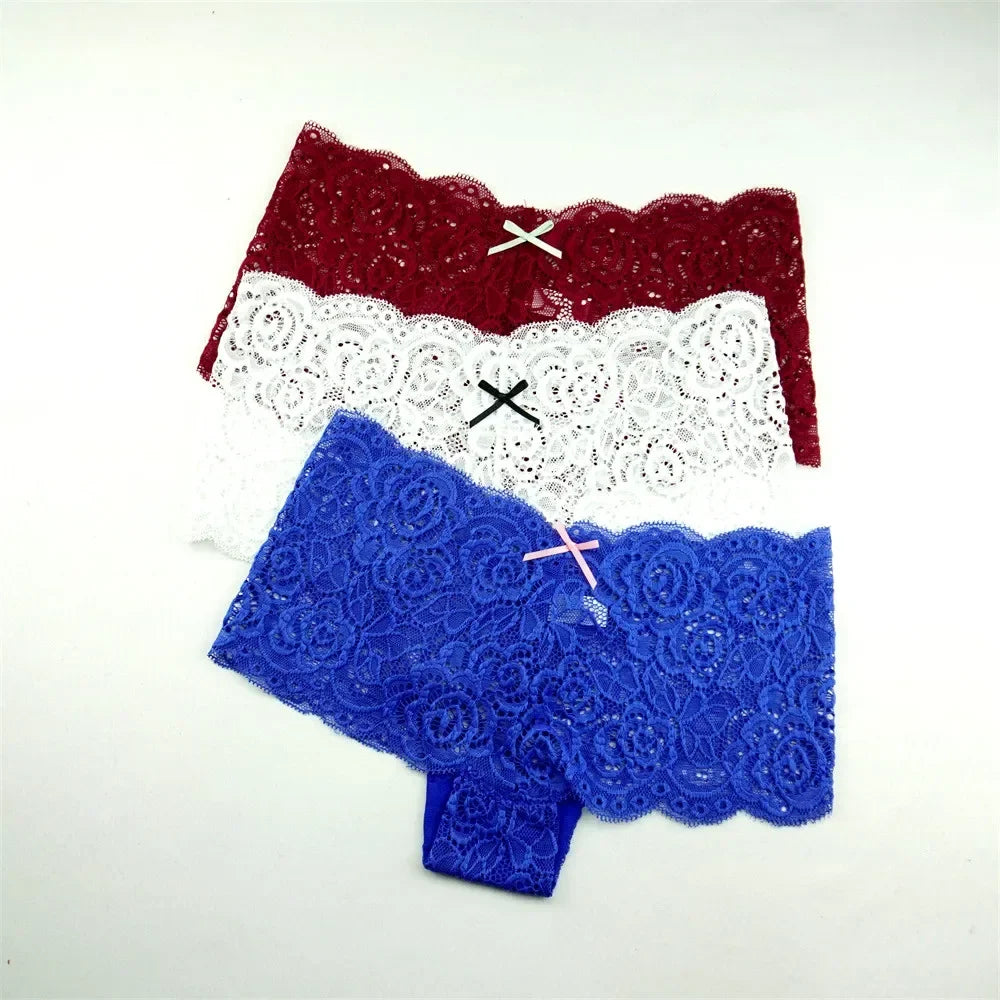 3PCS Transparent Boyshorts Women Underwear Lace Boxers Ladies Plus Size M-XXL Hollow Out Floral Panties Femme Intimates
