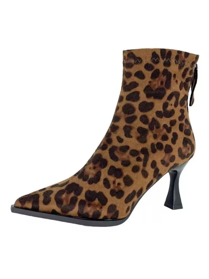 Autumn Women High Heel Leopard Print Ankle Boots, New Pointed Head Thin Heel.