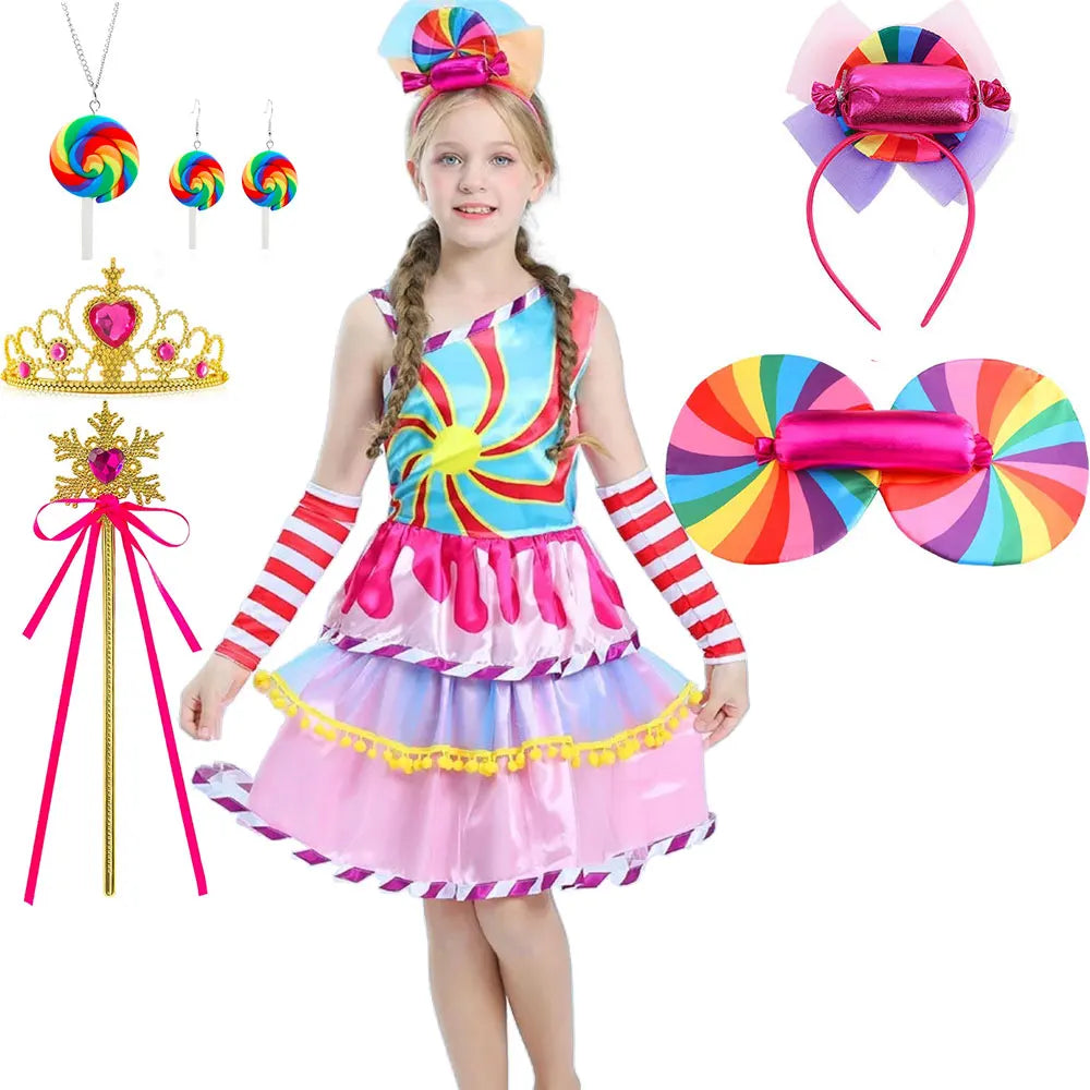 Delicate Princess Lollipop Fairy Costume Girls Halloween Candy Role Play Dress up Kid Carnival Purim Party Cute Vestidos Rainbow