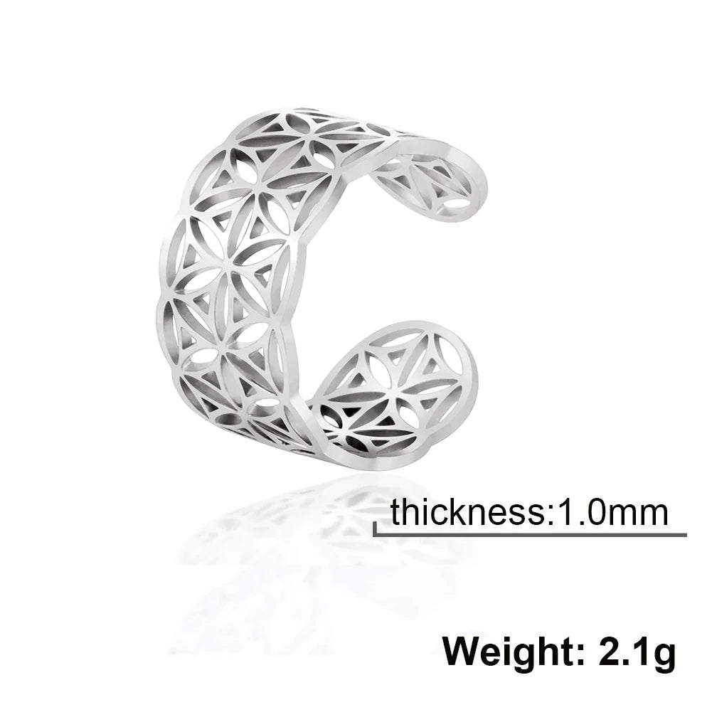 Skyrim Flower of Life Ring Women Stainless Steel Gold Color Sacred Geometry Open Adjustable Aesthetic Rings 2024 Jewelry Gift