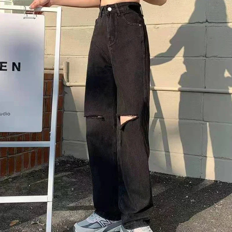 Women's Spring and Autumn 2023 New Loose Thin Drape Wide-leg Mopping Pants Black High-waist Ripped Straight-leg Classic Jeans