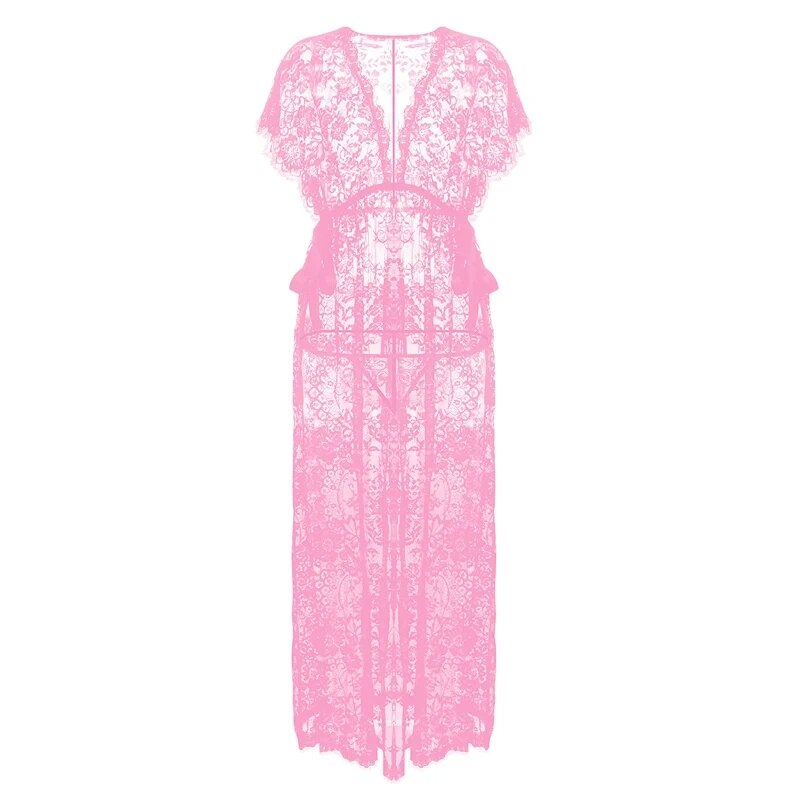 Sexy Long Robes Night Dress Women Sleepwear Robe Floral Nightgown Nightrobe women Gowns Deep V Lace Lingerie Robe Sets