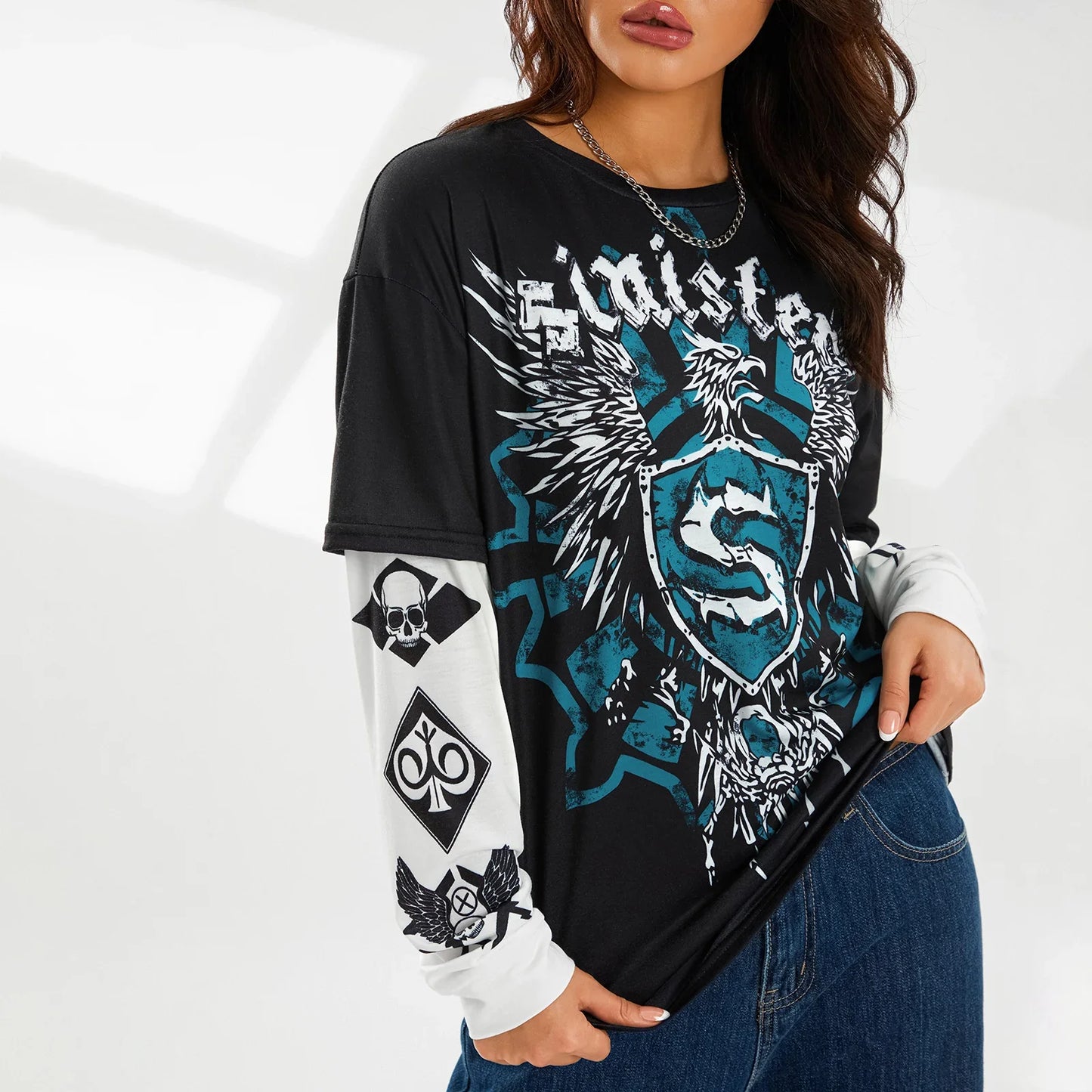 Women Vintage Graphic Print Round Neck Long Sleeve Shirts Autumn Fashion Fake Two-Piece T-Shirts Loose Casual Tops Streetwear