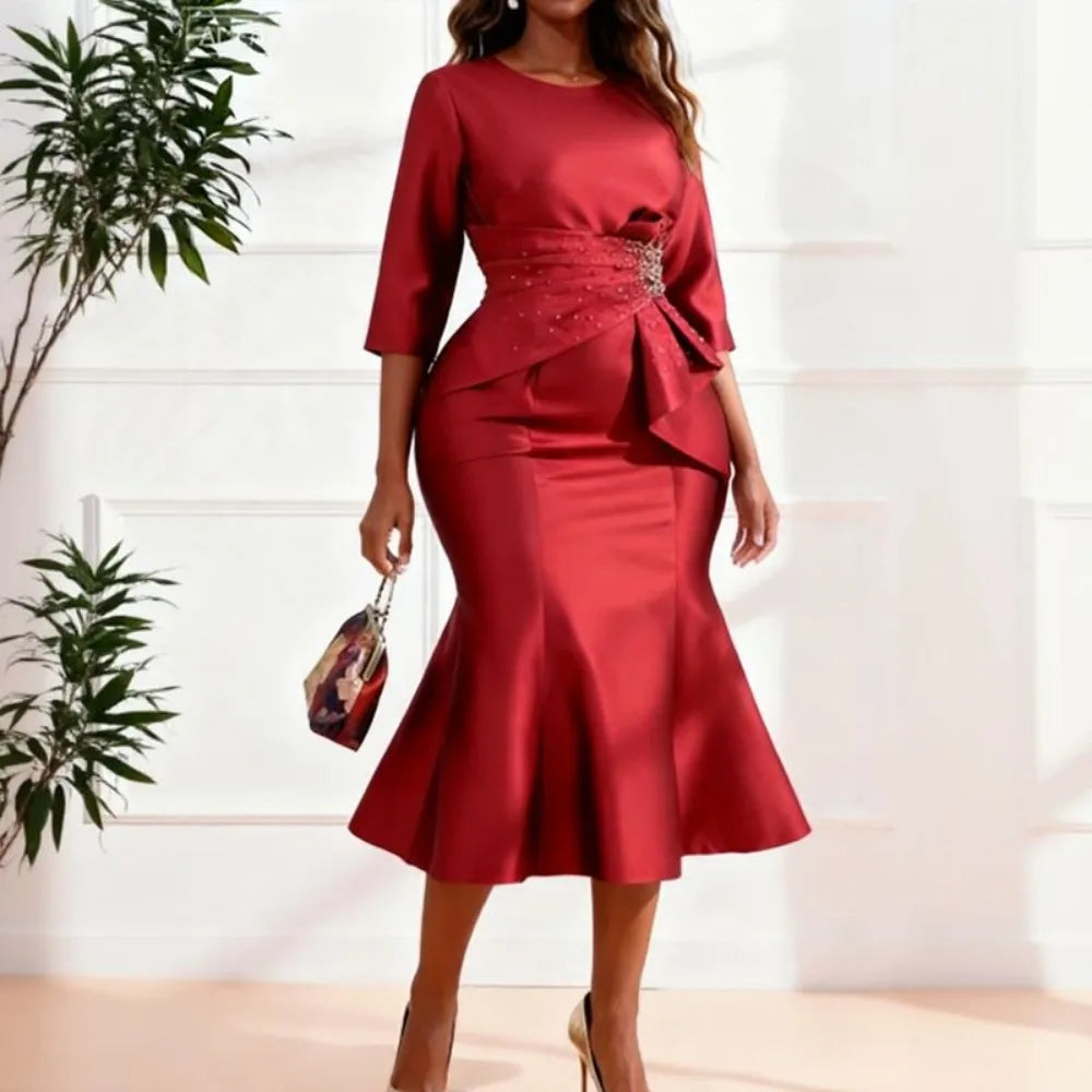 Elegant Satin Mermaid Dress for Women O Neck, Half Sleeve, Peplum Waist ,  Church Formal Events Gowns.