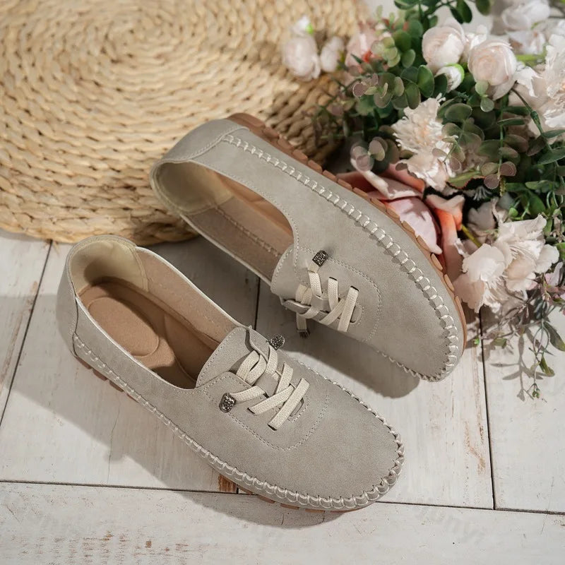Women's Loafers Fashion Lace Up Comfortable Round Toe Soft Sole Flats Daily Walking Lightweight Versatile Slip on Casual Shoes