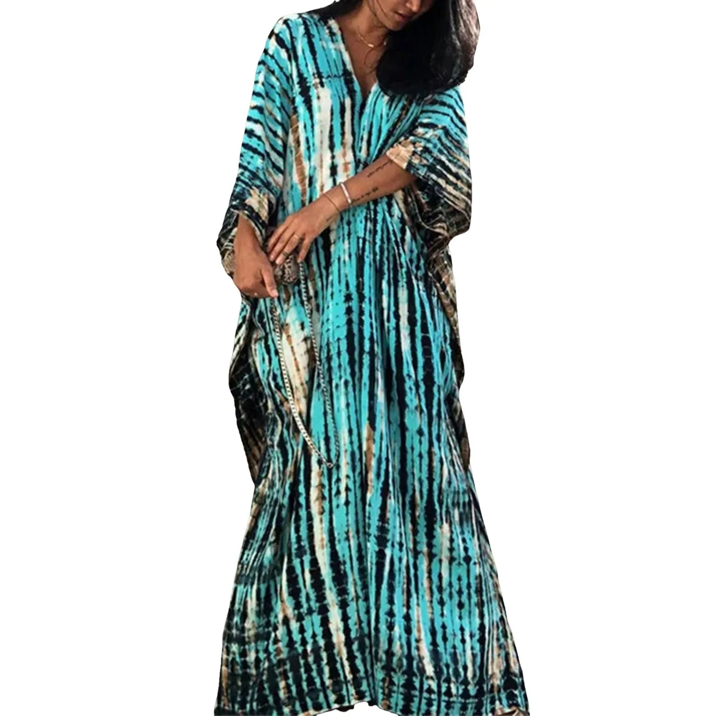 Womens Plus Size Kaftans Casual V Neck Puff Sleeve Boho Loose Floral Long Soft Beach Maxi Summer Swing Party Dresses For Women