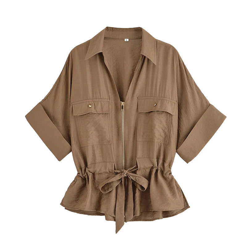 Women Fashion 2 Piece Set Solid Front Zipper Shirts & Vintage High Elastic Waist Trousers Female.