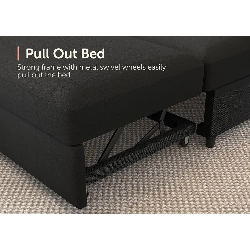6-Seater U-Shaped Sectional Sofa with Pull-Out Bed and Storage Chaise in Velvet Black.