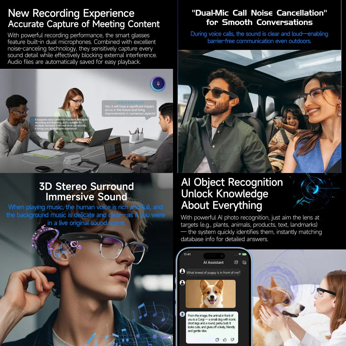 AI Smart Glasses 8 Million Pixels, Recording Videos, Photo Recognition, Answer, Translation, 290mAh IP66 Waterproof Bluetooth Glasses.