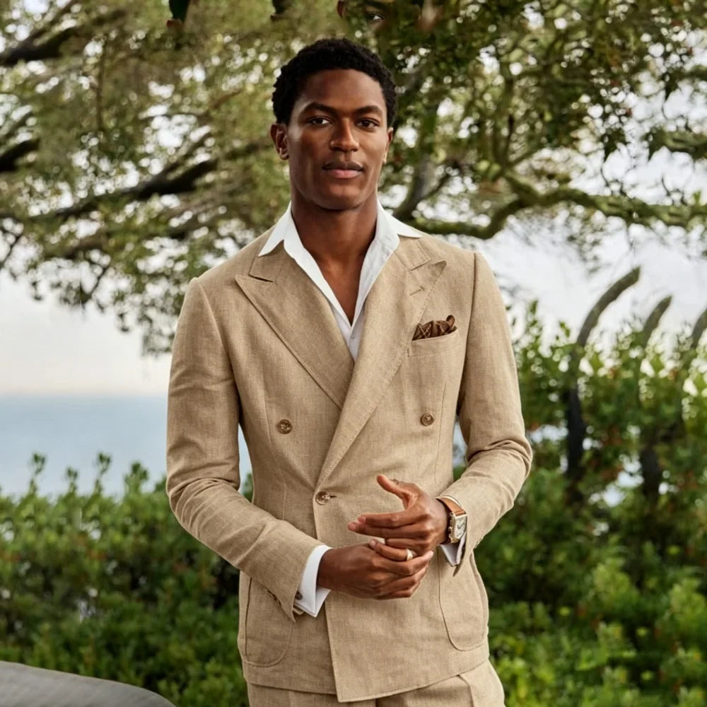 Summer Linen Double Breasted Suits for Men 2 Pieces Separates Blazer Pants for Beach Wedding Casual Party Guest Men Suits 2026
