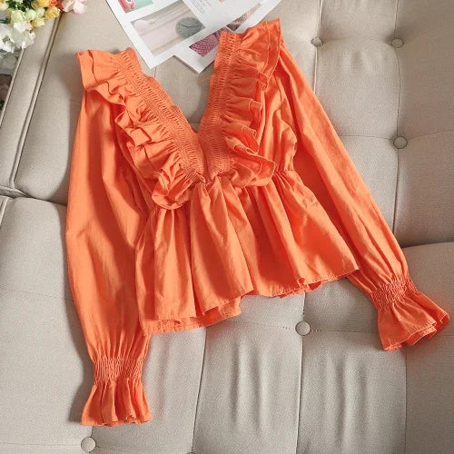 Gagaok Women Sweet Short Blouse Spring Autumn New Solid V-Neck Flare Sleeve Ruffles Slim Chic Wild Female Fashion Korean Shirt