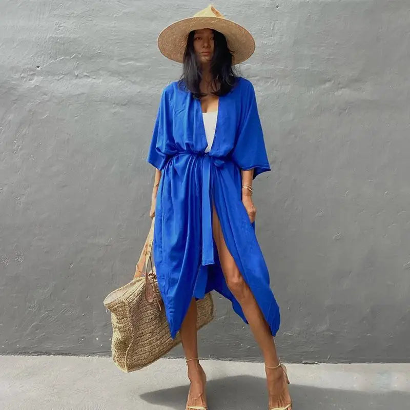 2023 Women's Boho Stripe Tie Dye Swimsuit Cover Up with Belt Tunic Sarong Cardigan Dress Bikini Cover-ups Beach Wear Kimono