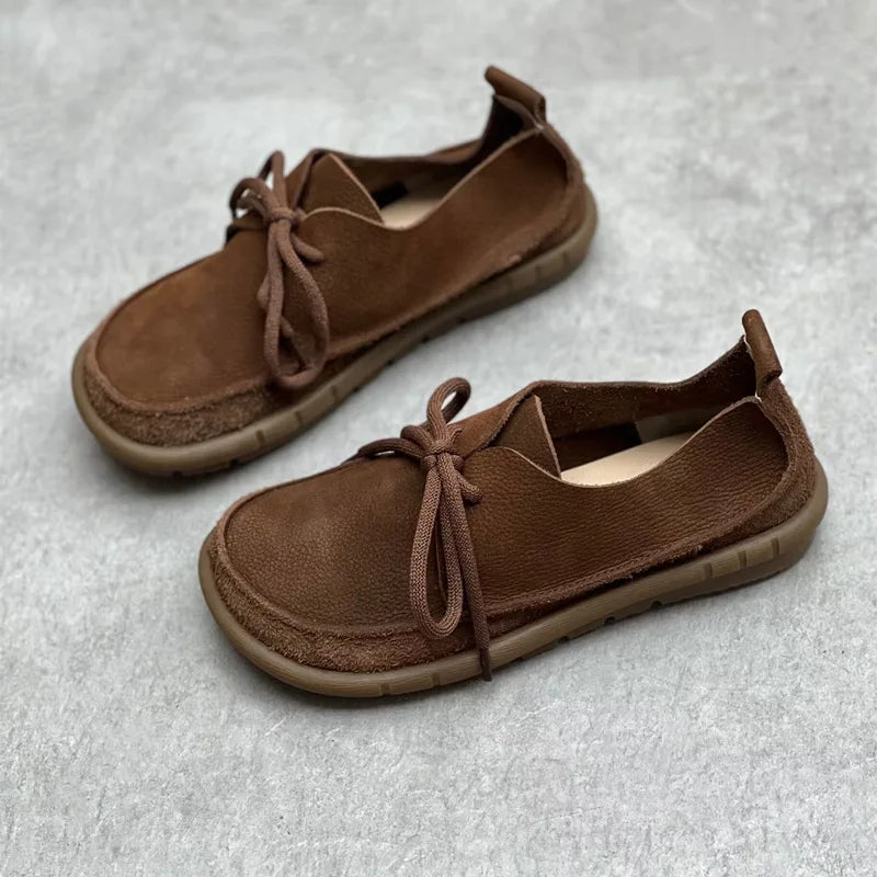Johnature Handmade Genuine Leather Flats 2026 New Women Shoes Round Toe Shallow Soft Sole Loafers Retro Solid Color Shoes