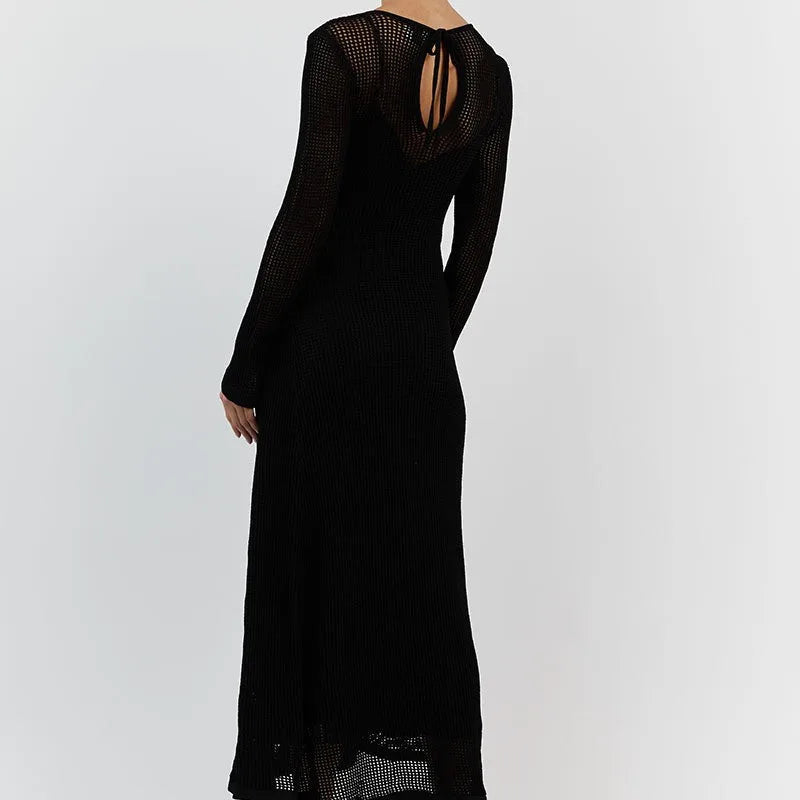 hirigin Elegant Long Sleeve Maxi Dress for Women Hollow Crochet Knit Summer Beach Cover ups Party Long Dress Club Streetwear
