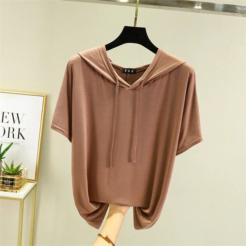 Thin T-shirts Women Hooded Fashion Loose Casual All-match Korean Style Solid Simple Y2k Aesthetic Футболка Женский Cozy Chic New