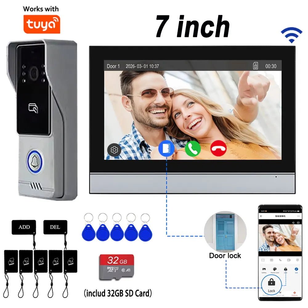 4 Wire Tuya Video Doorbell 7 inch HD Metal IR Camera Video Door Phone Two-way Audio WiFi Visual Intercom System RFID APP Unlock