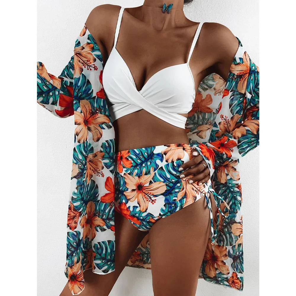 Three Pieces Bikini Set Cover Up Women New Push Up Twist Swimsuit Print Long Sleeve Swimwear Biquini Bathing Suit Summer