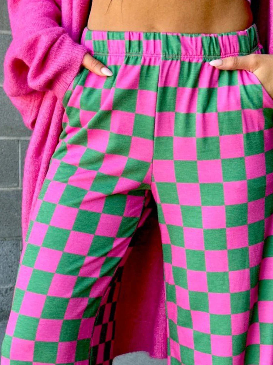 Womens Checkered Wide Leg Pants High Elastic Waisted Straight Loose Fitted LoungeTrouser Y2k Korean Streetwear