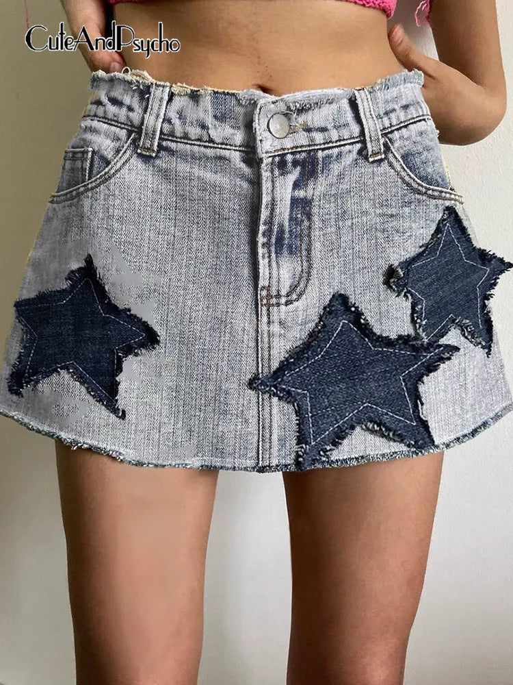 Cuteandpsycho Star Patchwork Y2K Korean Mini Skirts Casual Fashion Vintage A-line Women's Skirts Aesthetic Preppy Style Bottoms