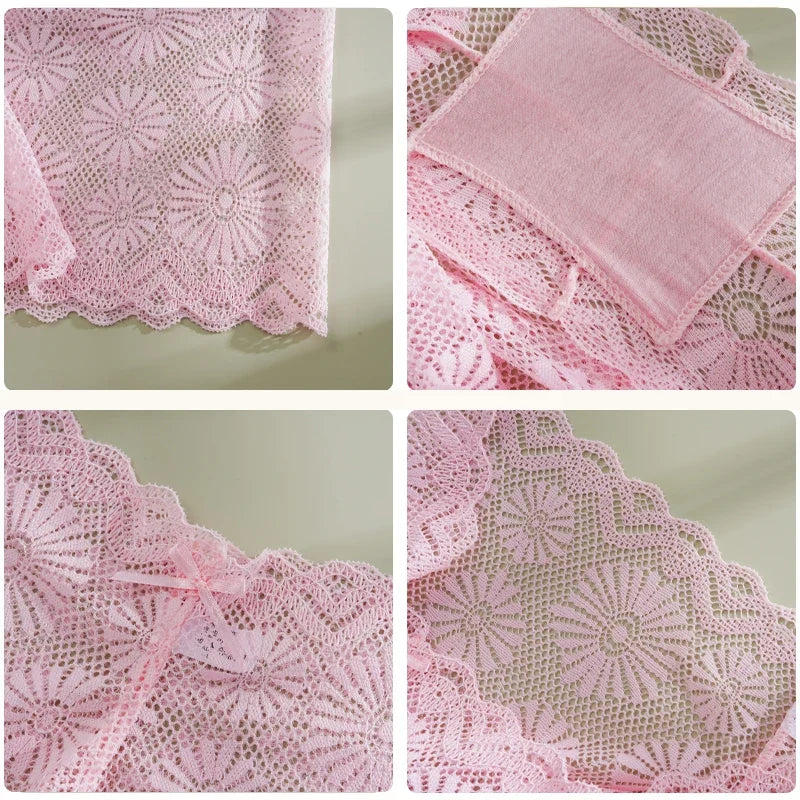 6PCS Women's Seamless Sexy Lace Perspective Boxer Shorts Solid Color Hollow Out Sunflower Bowknot Transparent Intimate Lingerie