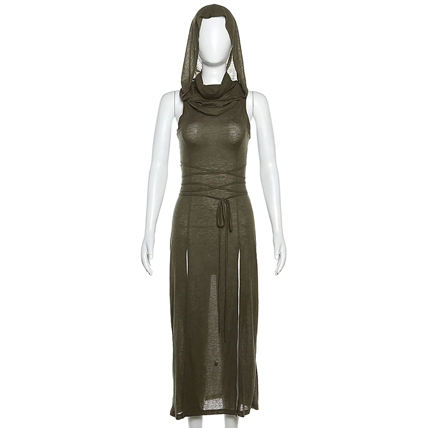 Women's Summer Fashion Dresses Personality New Hooded Loose Solid Color High Split Sexy Bandage Dress Goth Cosplay Sundresses