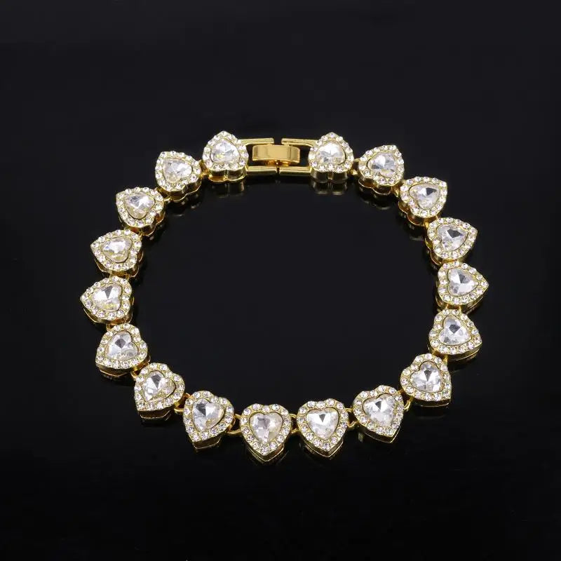 45CM New Hip Hop Tennis Chain Bracelet Necklace Shiny Heart Rhinestone