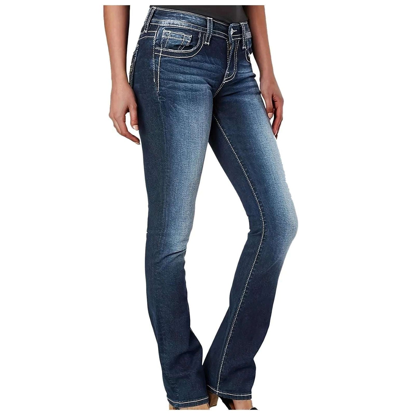Womens Jeans Mid Waisted Straight Leg Long Pants Stretch Juniors Jeans Washed Back Pocket Embroidered Slim Fit Jeans For Women
