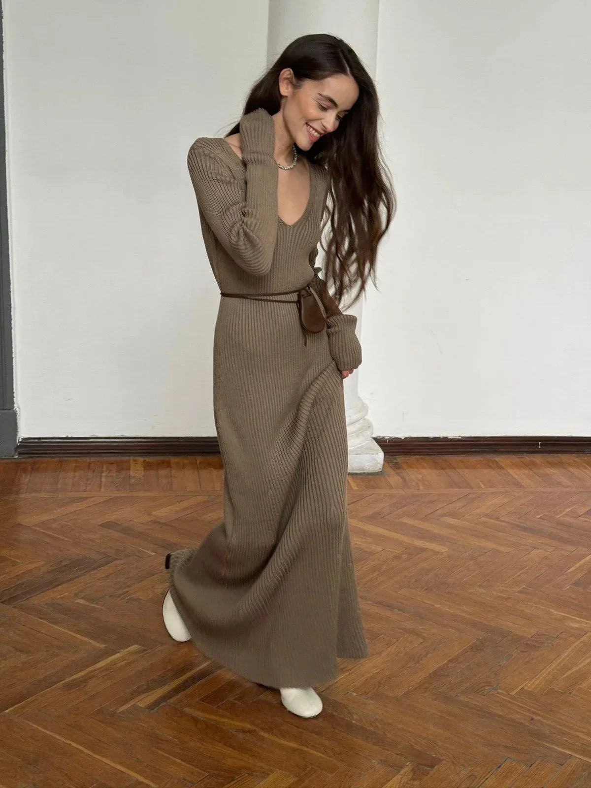 Solid Knitted Ribbed Long Dress Women Slim V-neck Long Sleeve Elegant Female Dresses 2024 Autumn Lady Casual High Street Robes