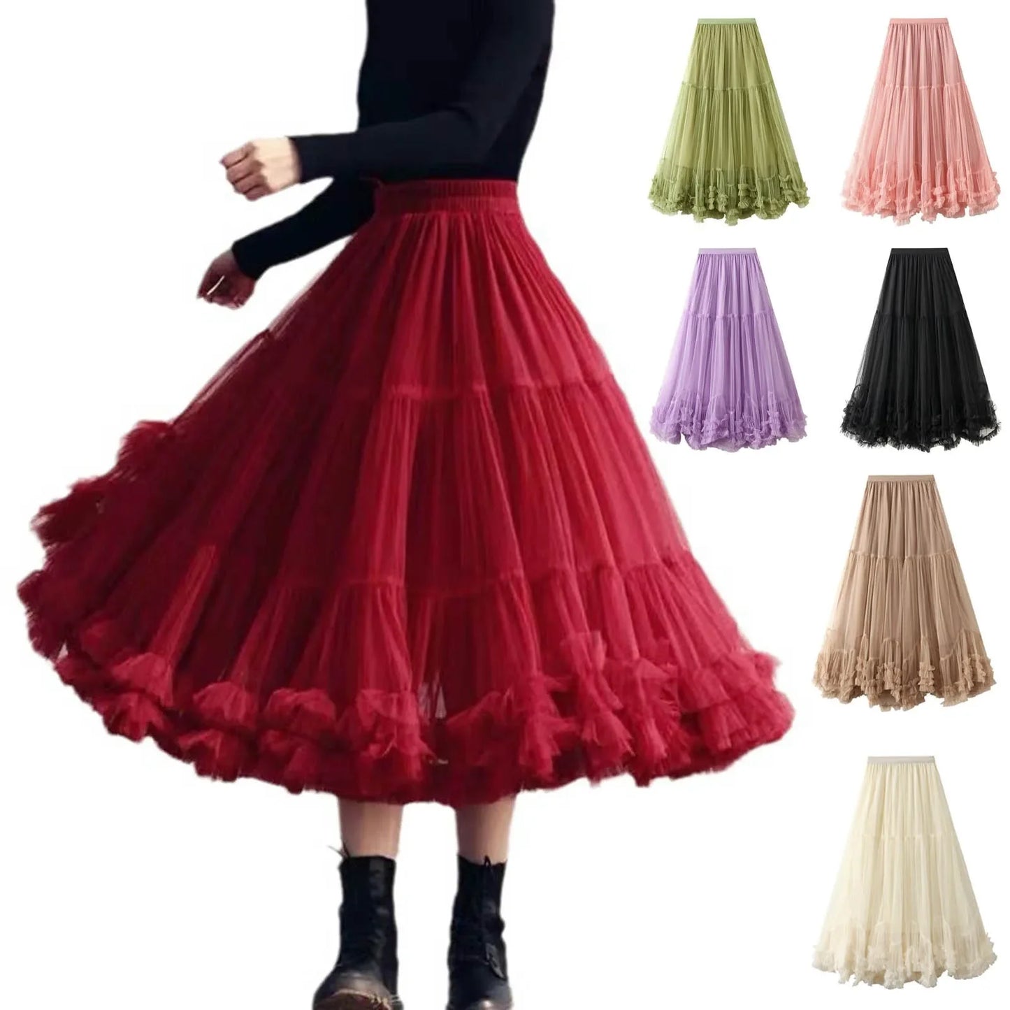 Women's Tutu Skirt Fairy Elastic Waist Large Swing Tulle Skirt Festival Mesh Ballet Dancing Clothes Ruffled Layer Long Skirt