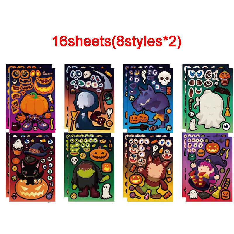 Halloween Party Favors Stickers for Kids 6-24sheets DIY Ghost Witch Mummy Make A Face Stickers Children Toddles Puzzle Jigsaw