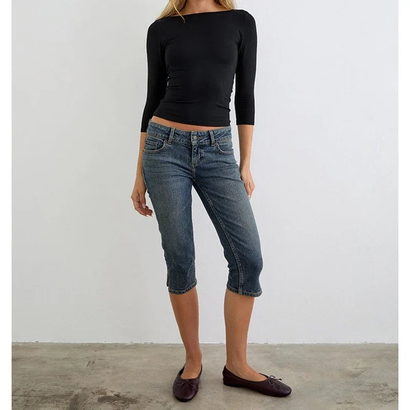 Women's Denim Pencil Capri Pants Button Low Rise Slim Fit Cropped Jeans with Side Slits Hemline Summer Stretch Capris