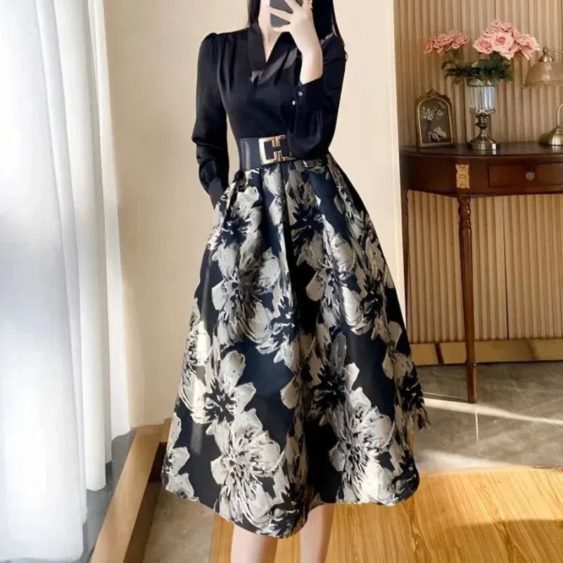 Spring Autumn Women's Clothing Long Sleeve V-Neck Button Floral Patchwork Sashes Casual Elegant Office Lady Midi Skirts Dresses