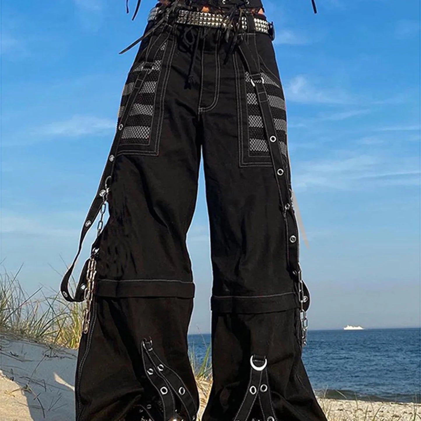 Women Fall Winter Cargo Jeans Striped Zipper Button Closure Loose Casual Trousers Streetwear with Pockets