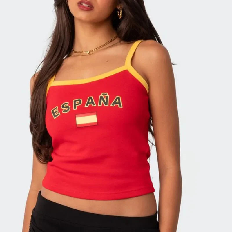 Summer Backless Camisole Cute Espana Graphic Print Tank Tops Female Fairy Vintage Crop Top Aesthetic Women's T-shirt Y2K Clothes