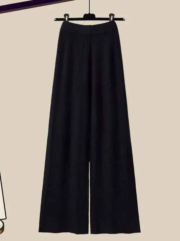 Fall Winter Knitwears 3 Pieces Set For Women Plaid Knitted Vest+solid Blouse+wide Leg Knitting Pants Sets Women Outfits 2024