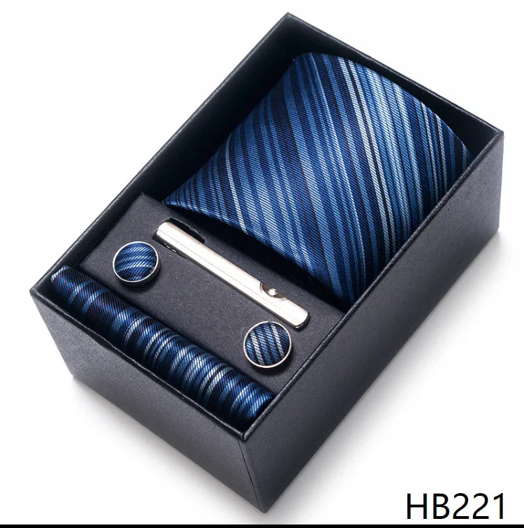 8 cm Wide Tie Sets Blue Solid Men's Neck Tie Handkerchief Cufflinks Clip Gift Silk Handmade