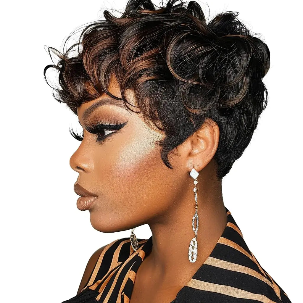 Black women's short elf wig with bangs, curly  wig