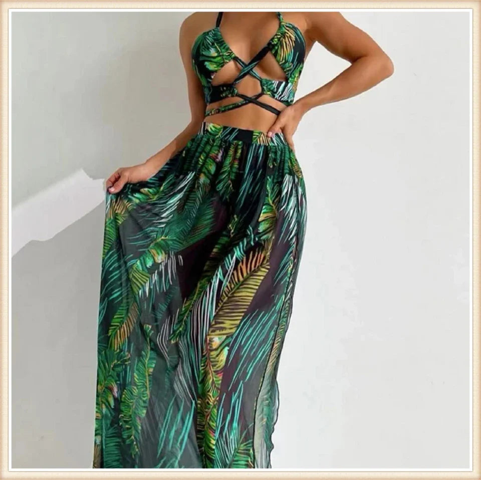 3 Pieces Tie Dye Cross Bikini 2025 Women Sexy Halter Swimsuit & Cover Up Pants Swimwear Bathers Bathing Swimming Suit Beachwear