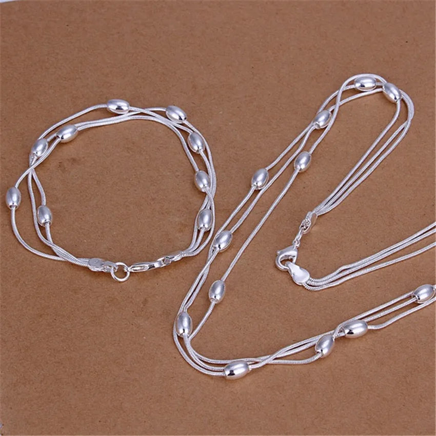 Hot charm 925 sterling silver Fringed oval beads Chain Bracelets necklace Jewelry set for women Fashion Party Christmas Gifts