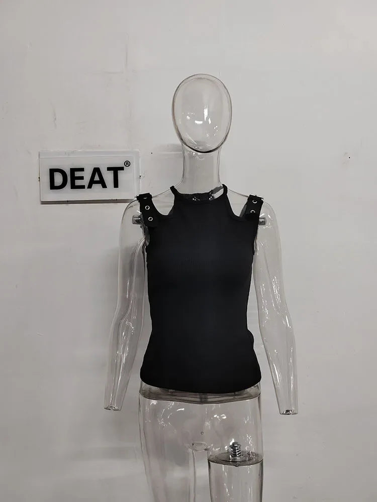 DEAT Fashion Women's Tops Round Neck Hollow Out Khaki Sleeveless Suspender Tank Tops Summer 2024 New Trendy 17A5505H
