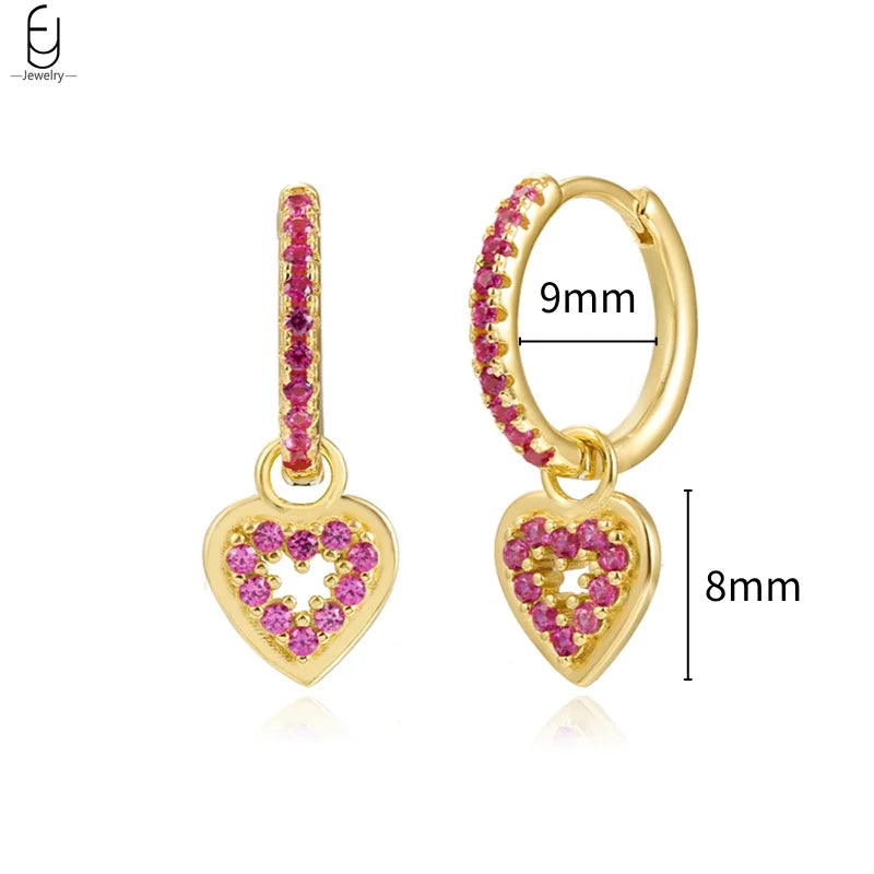 925 Sterling Silver Needle Rose Red Crystal Stud Earrings For Women Water Drop/Heart Pendant Gold Earrings Fashion Jewelry Gifts