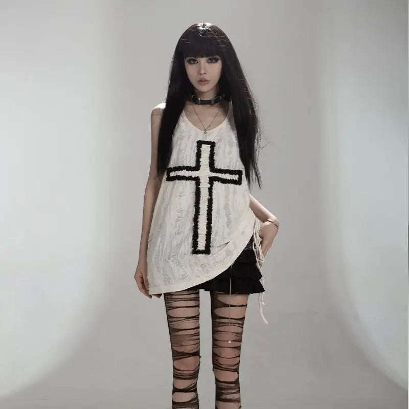 Y2k Aesthetic Tank Top Women Gothic Punk Cross Patchwork Harajuku Streetwear Sleeveless Tee Pleated Bandage Fairy Grunge Tanks