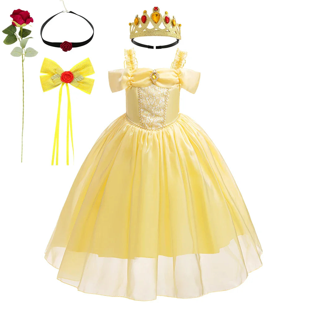 Halloween Girls Princess Belle Dress Up Evening Party Yellow Shoulderless Elegant Long Dresses Beauty Beast Fairy Costume Wig
